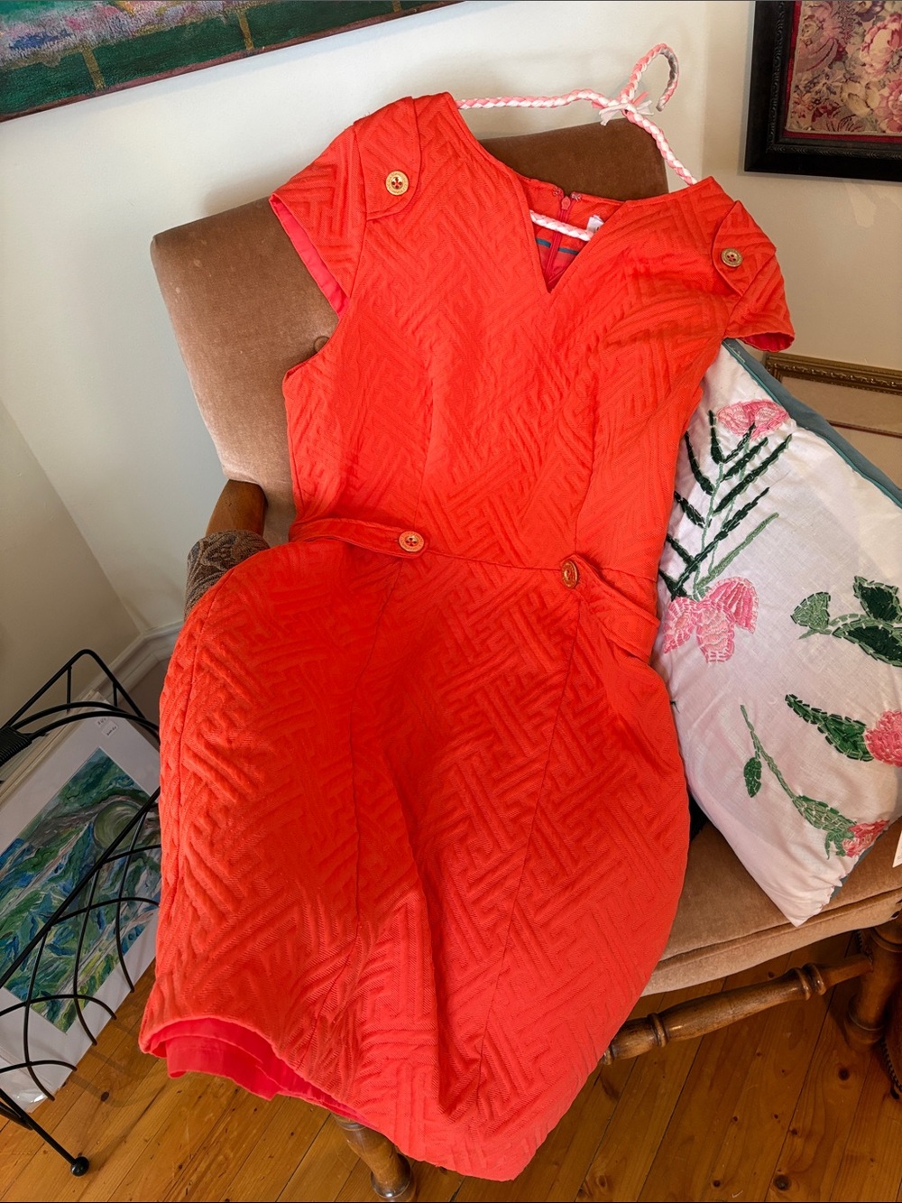 Vintage Liz Claiborne Women's Orange Textured Short-Sleeve Dress